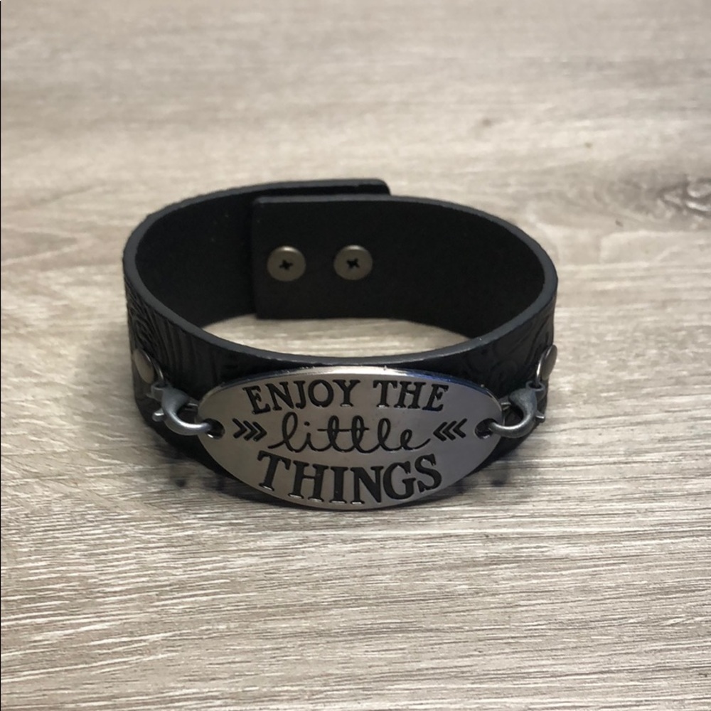 Black Leather Hand Made Bracelet W/ Floral Design